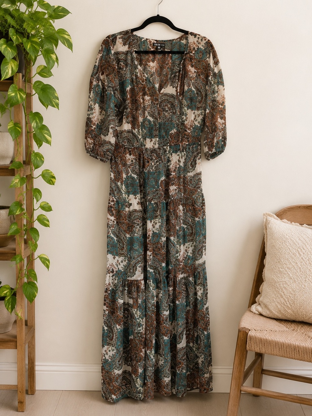 Kut From The Kloth Abstract Paisley Sheer Maxi Dress Sz 8 Boho Tiered Resortwear